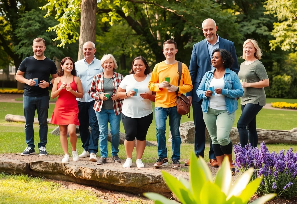 Diverse group of happy people in a lush park engaging in community activities, symbolizing health, connection, and nature