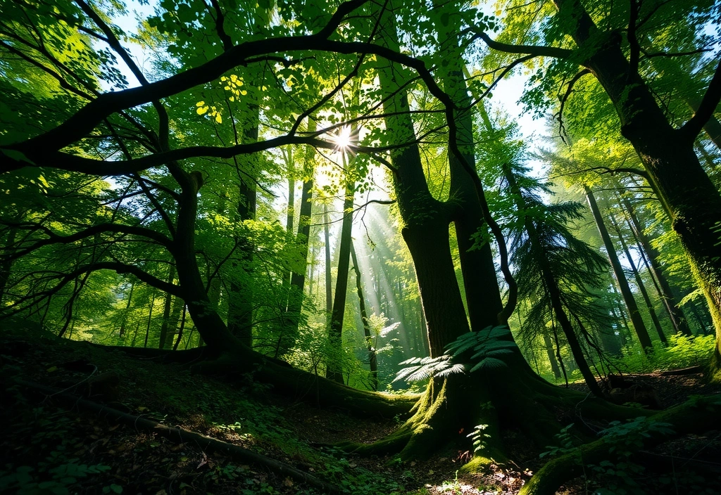 Lush green forest with sunlight filtering through the canopy, symbolizing natural purity and growth