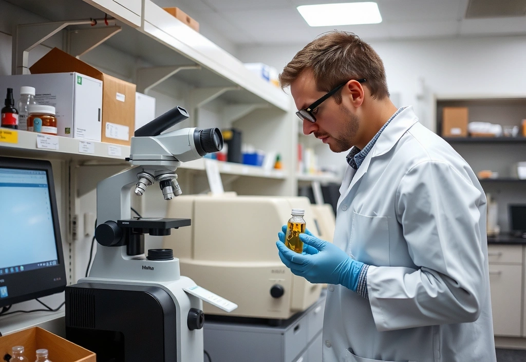 Scientist in a modern lab carefully examining botanical extracts under a microscope, surrounded by advanced equipment