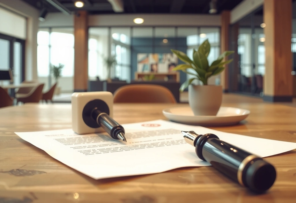 Stylized legal document with a stamp and a pen, representing formal agreements and contact